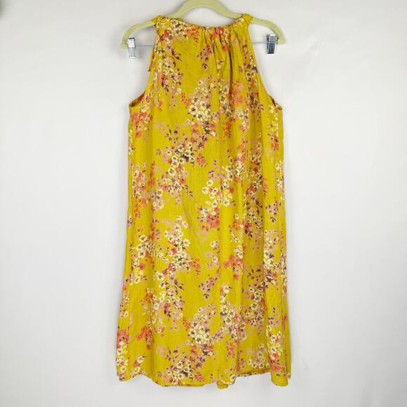 Bellambra Yellow Floral Linen Halter Pleated Relaxed Fit Midi Dress Large Boho - Picture 2 of 10